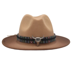 Detail of wide brim cowboy hat featuring a silver bull skull and ethnic woven band decor