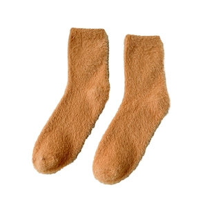 Orange brown mink fleece floor socks for women with thick warm plush texture for winter
