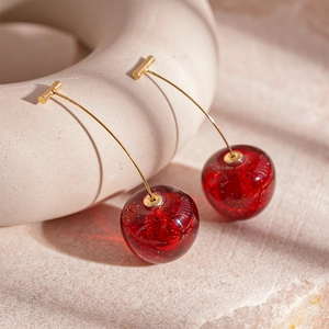 Red Cherry Drop Earrings Resin With Gold Tone Copper Stem And Steel Earring Post Sweet Fruit Jewelry Fashion