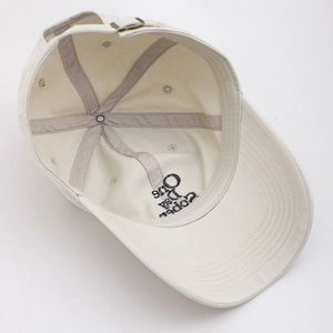 Detail of baseball cap interior showing six-panel stitching and metal buckle