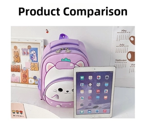 Size comparison of a purple cartoon cat kids backpack next to a tablet for scale