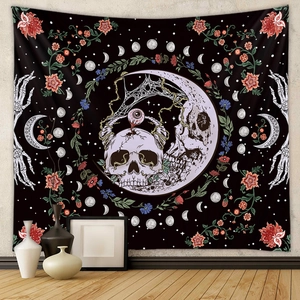Gothic Skull Moon Phase Wall Tapestry Polyester Hanging Cloth Mystic Bohemian Flower Decor For Bedroom Living Room