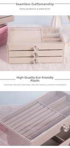 Three-layer clear acrylic jewelry box with beige velvet lining and crystal handles