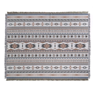 Bohemian geometric woven camping blanket with fringes in beige brown and blue