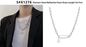 Titanium steel paperclip chain necklace with pearls and letter A pendant, length 59+7cm