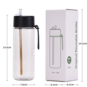 740ML Tritan sports water bottle with straw and silicone handle, dimensions shown on white