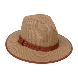 Detailed view of khaki straw hat featuring a brown leather belt buckle strap