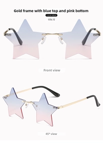 Detail of star-shaped rimless sunglasses with blue and pink gradient lenses and gold frame