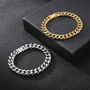 Poliertes Gold- und Silber-Edelstahl-Kubanerketten-Armband mit quadratischem Verschluss