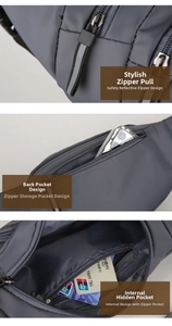 Detail view of reflective zipper pulls, anti-theft back pocket and internal card compartment