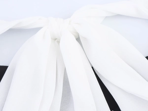 Close-up of elegant white chiffon bow tie on a French polka dot dress back