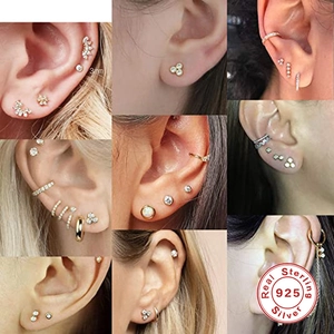 Set of minimalist S925 sterling silver geometric stud earrings with cubic zirconia