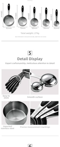 Detailed view of 5-piece stainless steel measuring cups with black non-slip handles