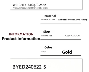 Specifications of gold heart earrings showing 18K gold plated stainless steel material