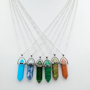 Hexagonal Pillar Pendant Necklace Alloy Chain Natural Stone Healing Crystal Pointed Bullet Shape Jewelry For Women Men