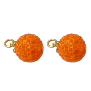 Handmade orange-shaped glass pendants with green leaf details and golden rings for DIY jewelry