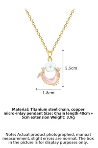 Detail view of gold titanium moon and flower pendant with diamonds, size 1.8x2.5cm