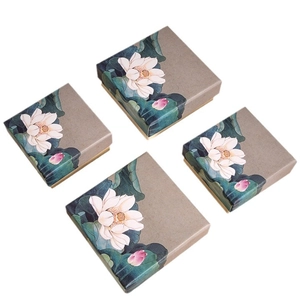 Retro Chinese style square paper jewelry box with vintage lotus art for necklaces