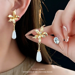 14K gold plated flower earrings with elegant teardrop pearl and brushed metal finish