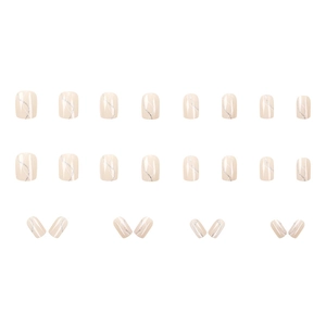 Short press-on nails with nude pink base and silver glitter wave line patterns
