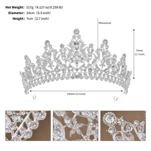 Detail view of silver bridal crown with rhinestones showing 14cm diameter and 7cm height