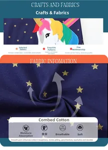 Detail of dark blue combed cotton fabric with unicorn embroidery and golden stars