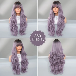 Vista de 360 grados de una peluca larga ondulada morada sombreada con flequillo en maniquí