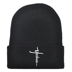 Schwarze Strickmütze mit Yeshua Kreuz-Stickerei für Herren und Damen im Winter