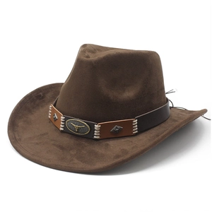 Western Cowboy Hat Faux Suede Wide Brim With Metal Bull Head Retro Vintage Style For Men And Women