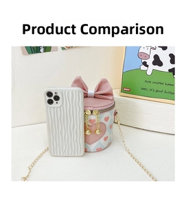 Pink and white checkered mini bucket bag with bow detail compared to a smartphone