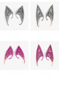 Detail view of silver and purple glitter elf ears in 10cm and 12cm for cosplay