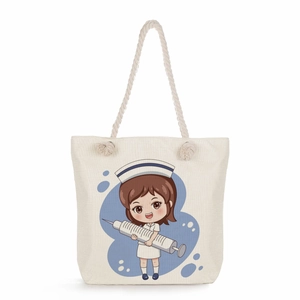 Nurse cartoon print canvas tote bag with thick cotton rope handles for beach travel