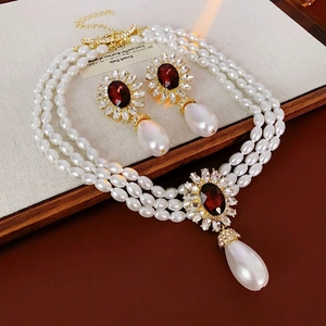 Vintage 3-layer pearl necklace and drop earring set with red gemstone and crystals