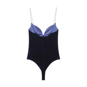 Dark blue velvet bodysuit with thin spaghetti straps shown on a plain white background