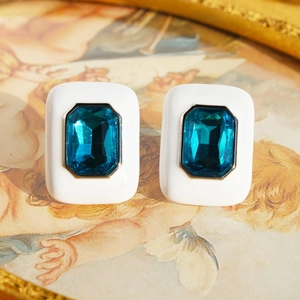 Vintage Brass Emerald Cut Blue Zirconia Square Stud Earrings With 925 Sterling Silver Post White Enamel Jewelry For Women