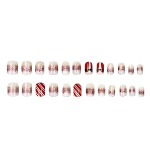 Christmas press-on nails with Santa suit design, red and white stripes and glitter 24pcs