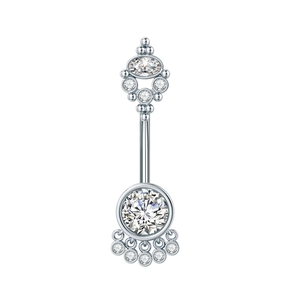 Silver curved barbell belly button ring with sparkling zircon inlays on white background