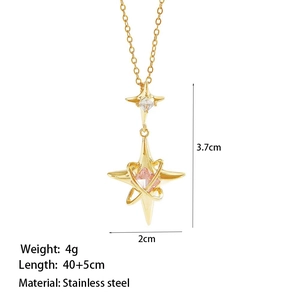 Goldene Doppelstern Kette mit rosa Kristall und Zirkonia auf Edelstahl Halskette