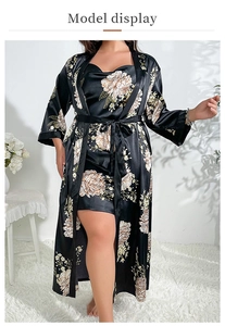 Detail of elegant black floral satin robe and slip dress set with high-end silk luster