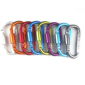 Aluminum alloy D-ring carabiners in eight colors with locking screw gate and warning mark