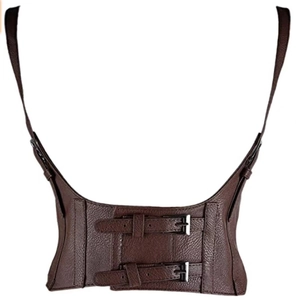 Detail of dark brown leather corset belt with double-breasted buttons and straps