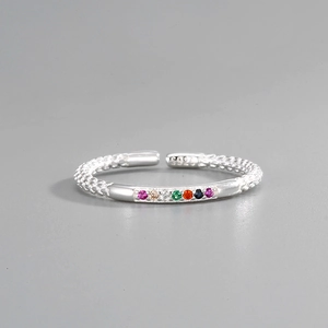 S925 Sterling Silver Rainbow Zirconia Open Ring For Women Minimalist Adjustable Colorful Stone Geometric Finger Ring Jewelry Gift
