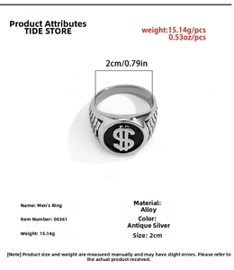 Detail view of hip-hop silver dollar sign ring showing 15.14g weight and 2cm inner diameter