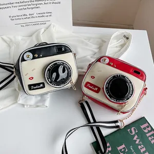 Harajuku style camera-shaped crossbody bag with red embroidery and chain strap