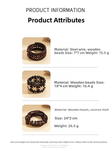 Detailed size chart for vintage multi-layered coconut shell and wooden beaded bracelets