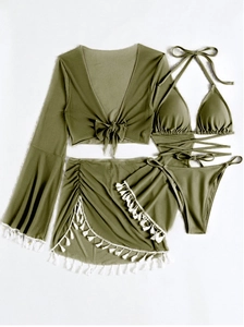 Olivgrünes 4-teiliges Badeanzug-Set mit langärmligem Bolero, Bikini und Fransenrock