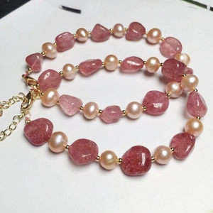 Elegant strawberry quartz and freshwater pearl beaded bracelet with 14k gold-plated clasp