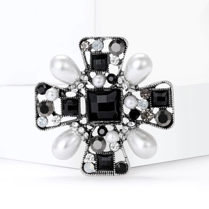 Baroque cross brooch with black crystals, pearls and rhinestones for suits and coats