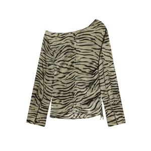 Damen One-Shoulder-Oberteil mit Tigermuster, Langarm und seitlichem Kordelzug, Graugrün