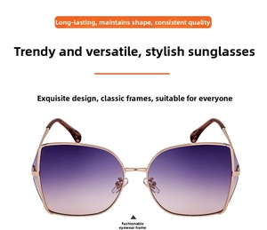 Detailed macro view of gradient purple lenses and light gold metal frame of these sunglasses